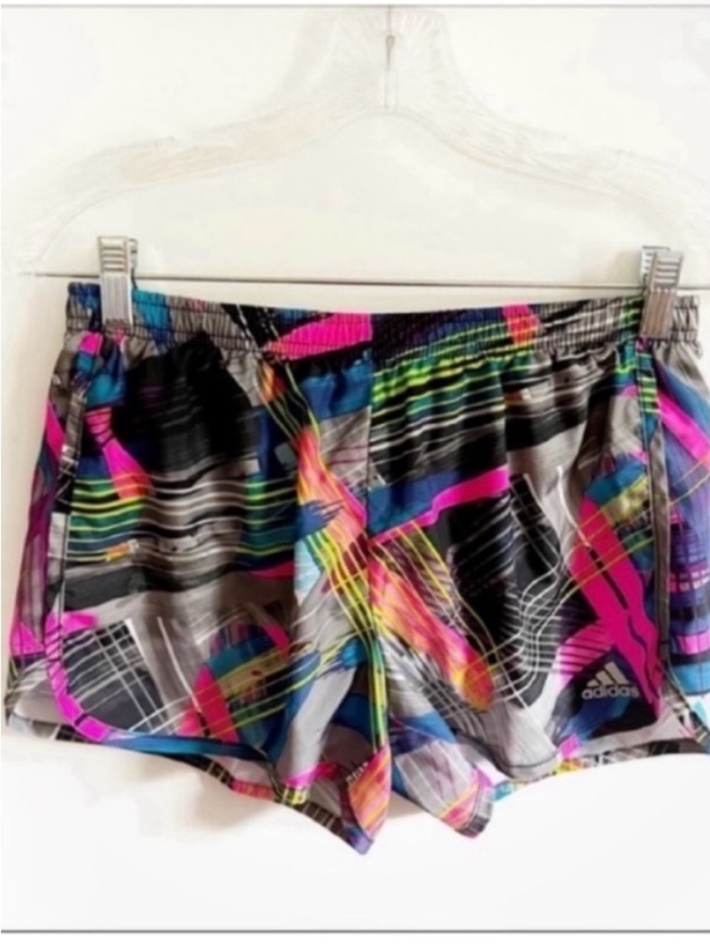Adidas girls shorts gray pink drawstring abstract elastic waistband
